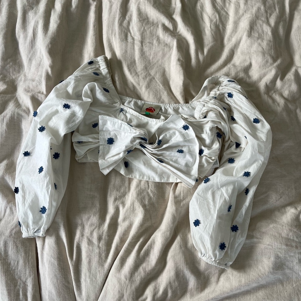 NWOT FARM RIO XS White and Blue Floral Crop Top
